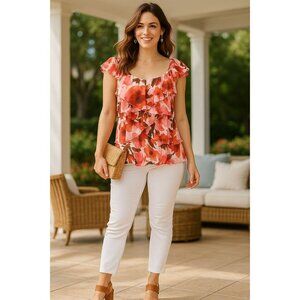 AGB Small East Hamptons Ruffle Blouse Pink Coral Floral Layered Style Romantic